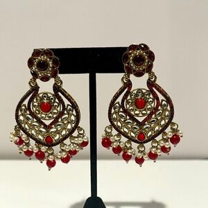 Elegant Indian heavy earrings for women | with maroon and white beads | wedding